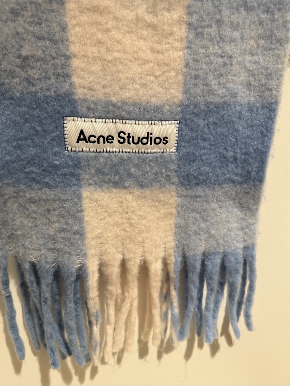 Acne Studios Light Blue & Cream Checked Wool Scarf with Fringe